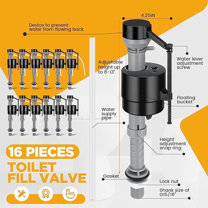 Lasnten 16 Pieces Toilet Fill Valve Toilet Tank Replacement Kit Valve Replacement Kit for Tank and Bowl Water Control