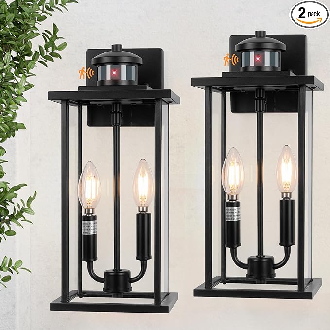 Large Motion Sensor Outdoor Sconce 2-Pack, 16" Black Dusk to Dawn Wall Light, Outdoor Wall Mount Fixtures, 2-Light Exterior Waterproof Wall Lights, Doorway, House Front Door, Patio, Garage