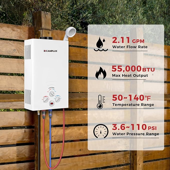 CAMPLUX Propane Water Heater, 2.11GPM Portable Water Heater for Camping, 55,000 BTU Portable Hot Water Heater Outdoor, BW211, White