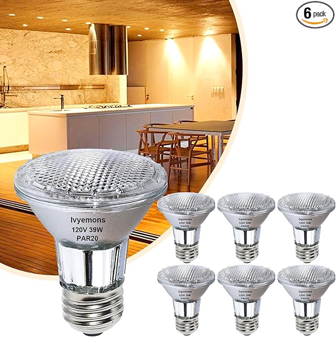 PAR20 Flood 39W 120V 480 Lumens- 6 Pack PAR20 Flood Light Bulbs with E26 Base, PAR 20 Dimmable 2800K Warm White, Long Lasting 39W PAR 20 Bulb for Recessed Lighting & Hood Range Light Bulbs