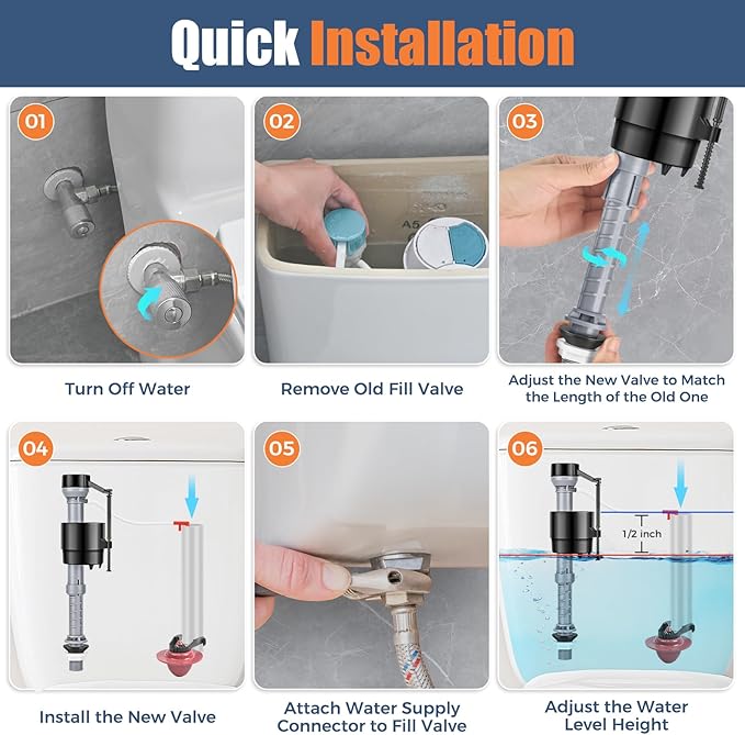 Universal Toilet Flusher Replacement Kit, Water-Saving & Height Adjustable Fill Valve, 2-Inch Flapper, Toilet Handle Lever, Quiet & Anti-Siphon Toilet Repair Kit Inside Tank (Black, 1-Pack)