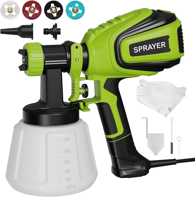 Paint Sprayer 700W, Electric HVLP Paint Spray Gun, with 4 Nozzles and 3 Patterns Cleaning & Blowing Joints Easy to Clean for Garden Chairs Fence Door Cabinets Home Interior Walls etc. VF803 Dark Green