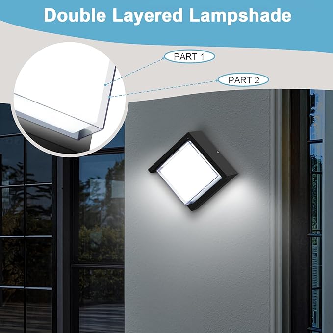 LED Porch Lights Wall Mount 12W 6500K Double-Layer Cover Exterior LED Wall Light Matte Aluminum IP65 Waterproof for Yard Garage Stairway House