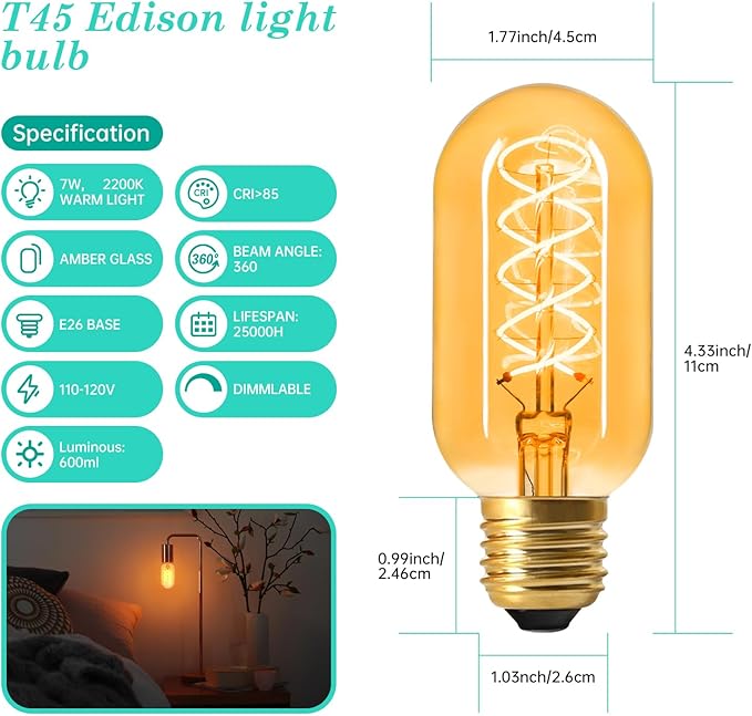 AMDTU E26 Edison Bulbs 60 Watts Equivalent, 600 Lumens LED Bulbs 7W, Ultra Filament Spiral E26 Base Edison LED Bulbs Dimmable, Warm Yellow 2200K T45 Amber Glass Tubular Light Bulbs 2 Pack