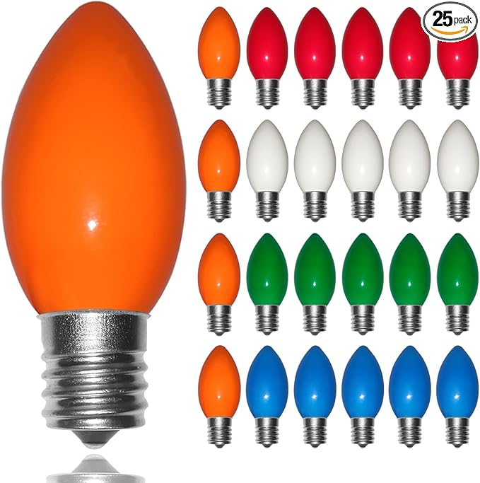 C9 Christmas Light Replacement Bulbs, 25 Pack Ceramic Multicolor Christmas Light Bulbs 7W Night Light Bulb, E17 Intermediate Base Light Bulbs Incandescent Bulbs for Outdoor Vintage Christmas Lights