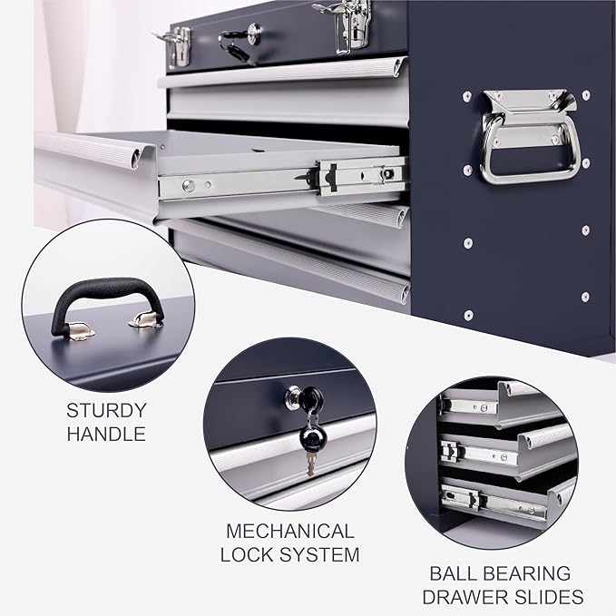 4 Drawers Metal Tool Box, 21" Portable Steel Tool Chest w/Key Lock & Latch Closure, Multi-Function Top Storage Tray Toolbox w/Powder Coating & Ball Bearing Slides for Garage (Antique Grey)
