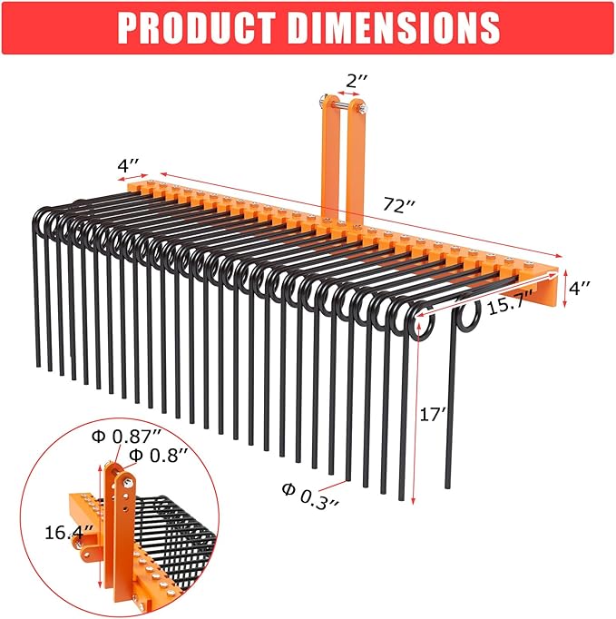 72 Inch 3 Point Tractor Rake, Pine Straw Needle Rake, Durable Powder Coated Steel Spring Landscape Rakes Fit for Cat0, Cat1, Orange