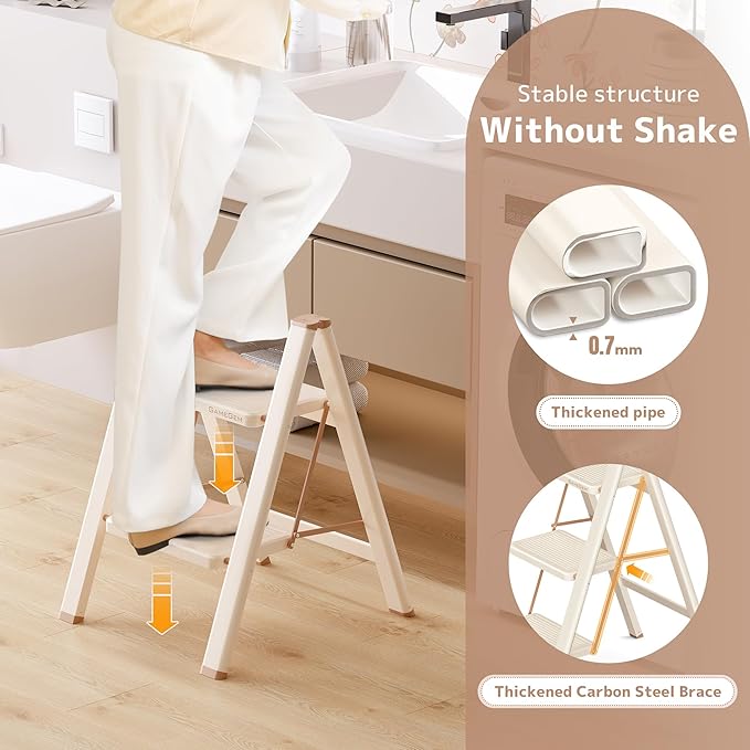 GameGem 2 Step Ladder Folding Step Stool with Wide Anti-Slip Pedal, 330LBS Capacity, Lightweight Portable Stepladder for Home and Kitchen Use, Cream Chocolate