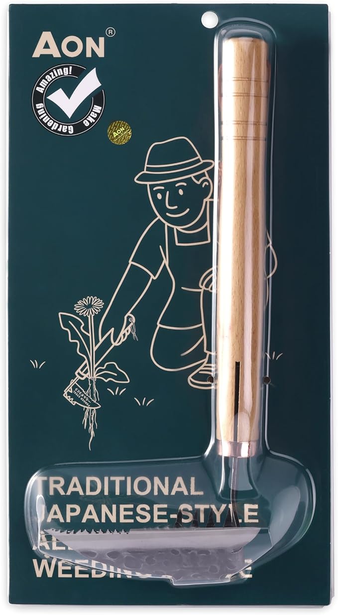 AON All-Purpose Japanese Weeding Sickle & Razor Hand Hoe, Forged Steel Weed Puller Tool with Sharp Edge & 4-Tine for Digging, Weeding, Uprooting in Vegetable Gardening, Backyard or Raised Garden Beds