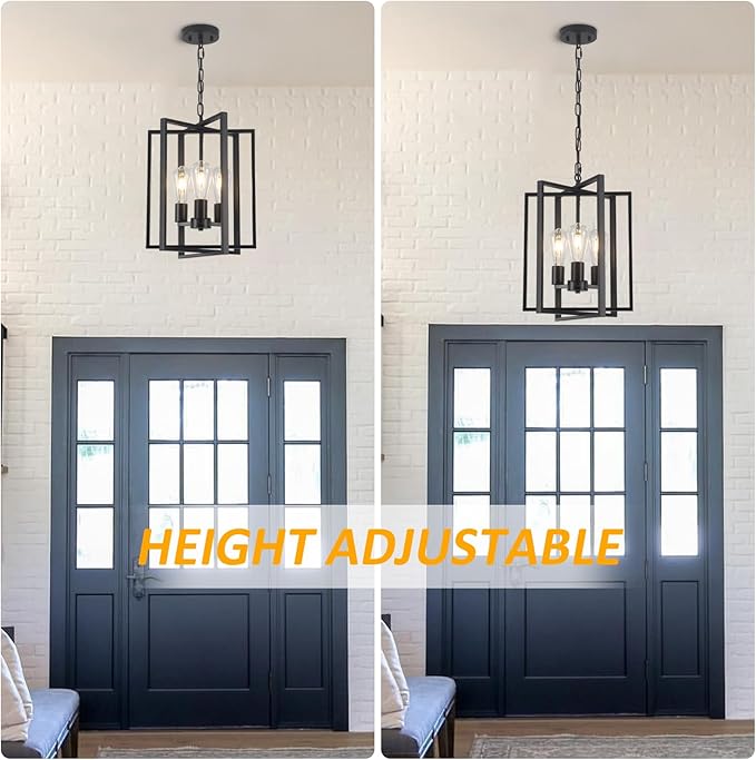 Black Farmhouse Modern Chandelier Light Fixture for Dining Room, 3 Light Rustic Kitchen Island Metal Pendant Hanging, Adjustable Geometric Foyer Light Fixtures for Entryway Hallway Living Room