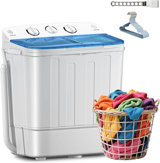 Compact Mini Twin Tub 18lbs Washing Machine with Drying Rack, 11 lbs Washer Mini Compact Laundry Machine and 7 lbs Spinner, Convenient and Efficient for Dorms, Apartment (Blue)