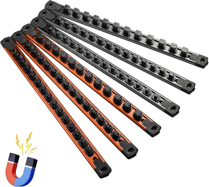 Magnetic Socket Organizer, 6-Piece Heavty Duty Aluminum Socket Holder, Socket Rail for Tool Box, Premium Quality 360° Swivel Socket Rack Kit with 80 Clips for 1/2, 3/8, 1/4-Inch(Black&Orange)