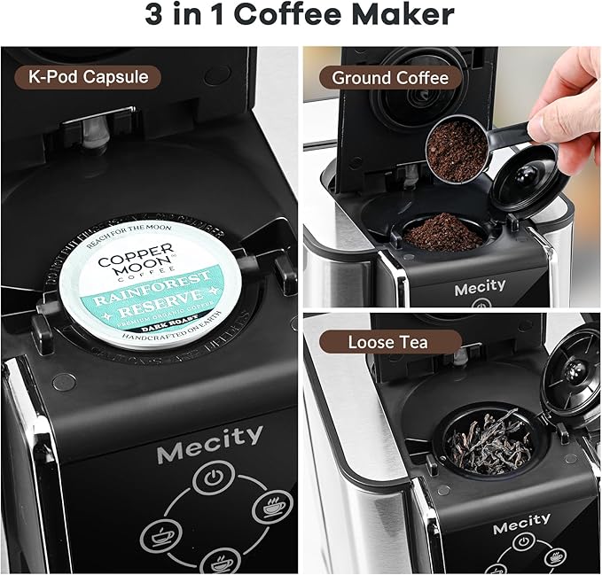 Mecity Coffee Maker 3 in 1 Single Serve Coffee Machine, Compatible with K cup Capsules, Instant Coffee Pot, Tea maker, 6,8,10 Oz Cup, Removable 50 Oz Water Reservoir, 120V 1150W