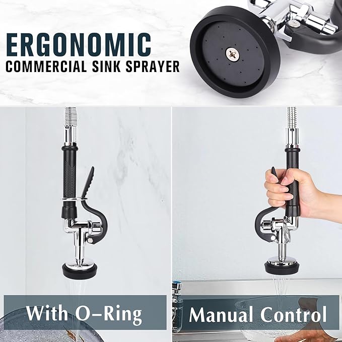 Commercial Faucet with Sprayer, 21 Inch Height Commercial Sink Faucet Wall Mount with 8" Adjustable Center and 8" Add-on Swing Spout & Pull Down Pre Rinse Sprayer