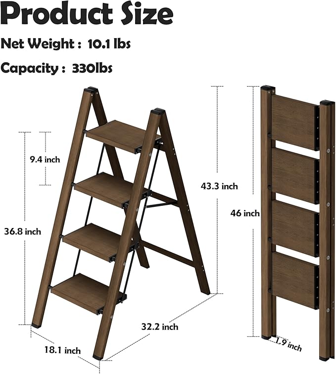 Taranta 4 Step Ladder,Aluminum Lightweight Folding 4 Step Stool with Anti-Slip Wide Pedal,330lbs Capacity Step Ladder for Household,Kitchen,Office - Walnut