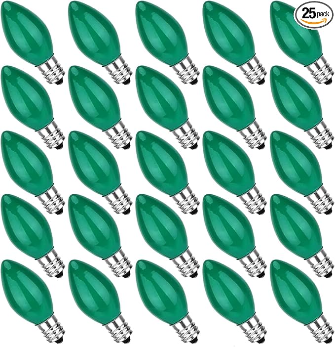 25 Pack C7 Ceramic Christmas Replacment Bulbs, Green Light Bulbs for E12 Candelabra Base Outdoor/Indoor Christmas String Lights, 5 Watt