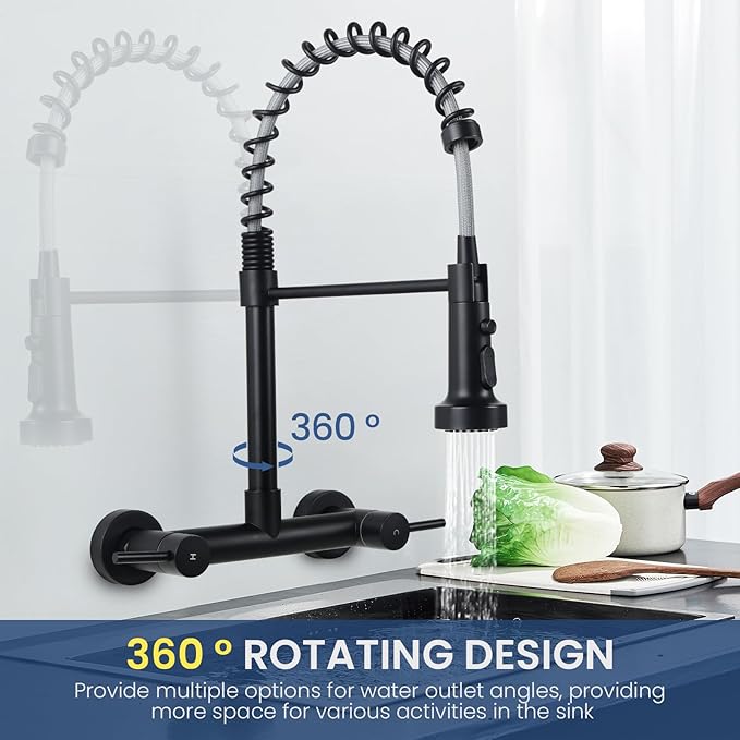 Wall Mount Kitchen Sink Faucet, 8 Inch Center Wall Mount Kitchen Faucets with 3-Function Pull Down Sprayer, Dual Handles Commercial Faucet for Kitchen Laundry Restaurant (Black)