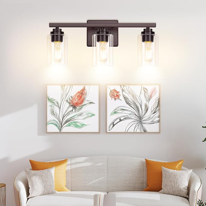 3-Light Bathroom Light Fixtures, 19" Modern Vanity Lights Over Mirror with Clear Glass Shades, Brown Light Fixture, Classic Wall Light Fixture for Mirror Living Room Cabinet Bedroom Porch