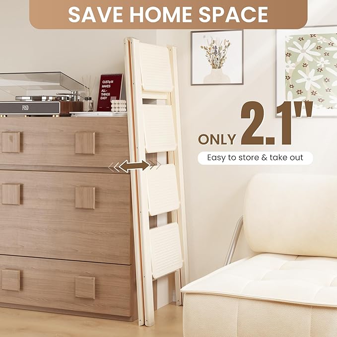 GameGem 4 Step Ladder Folding Step Stool with Wide Anti-Slip Pedal, 330LBS Capacity, Lightweight Portable Stepladder for Home and Kitchen Use, Cream White