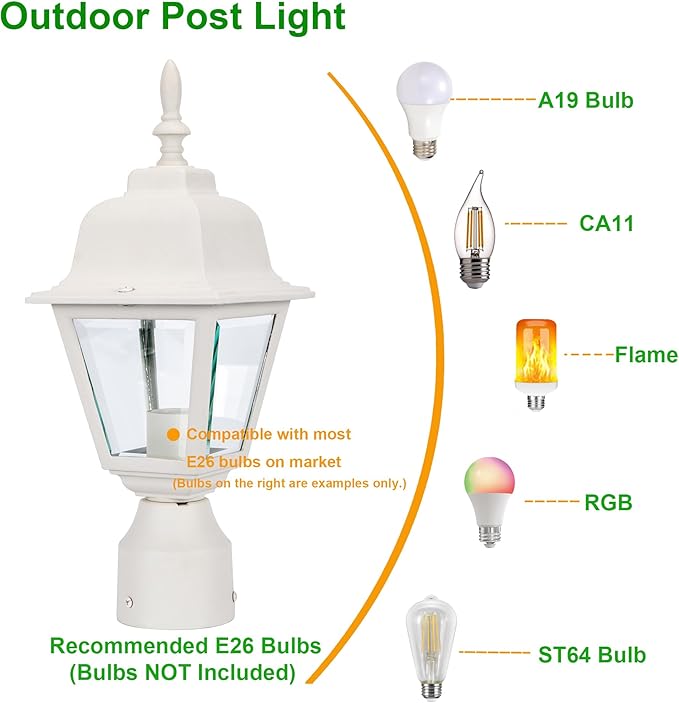 LIT-PaTH Outdoor Post Lighting Fixture Pole Lantern, E26 Medium Base Max 60W, Aluminum Housing Plus Clear Glass, Bulb Not Included, Matte White Finish, 2-Pack
