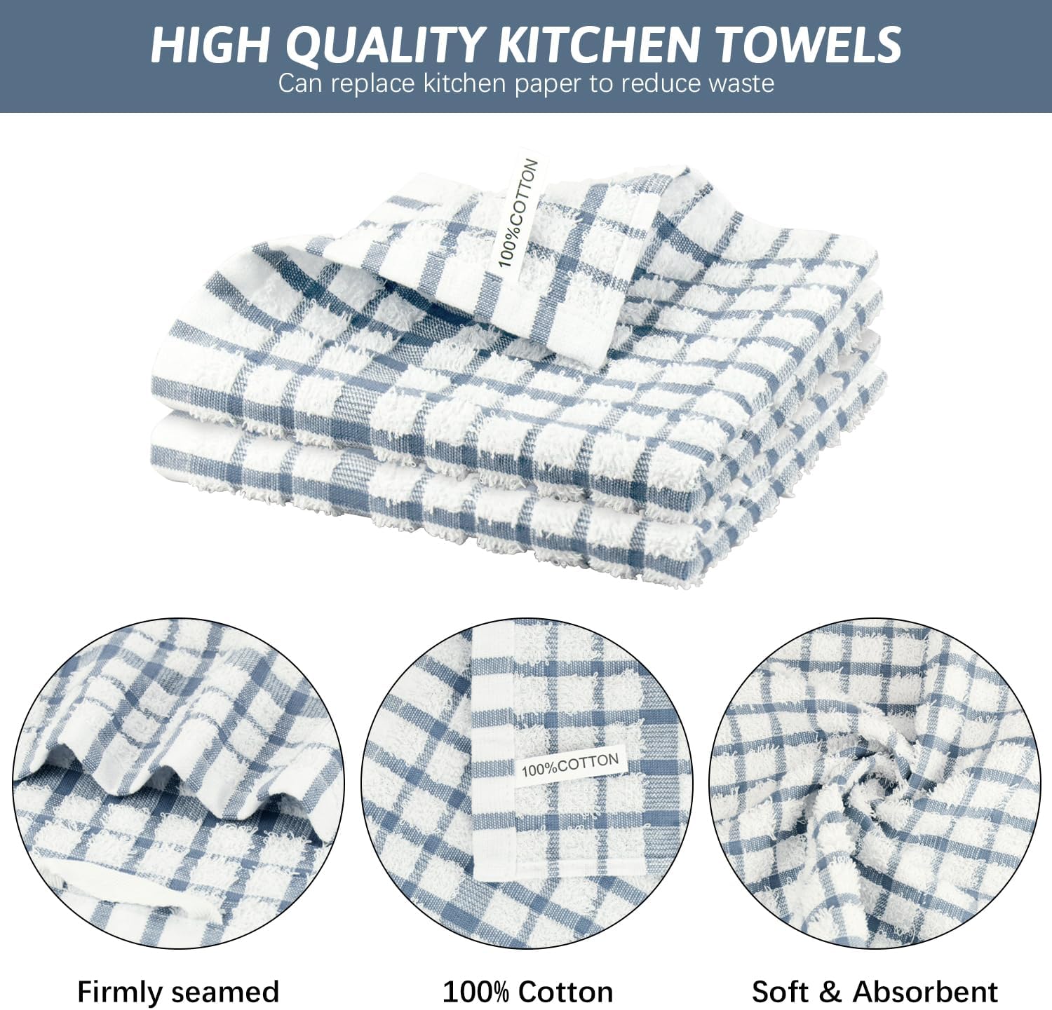 Nialnant 8 Pack Kitchen Towels and Dishcloths Sets,100% Cotton Soft Absorbent Quick Drying Dish Towels for Kitchen,Washing Dishes-Little Blue Plaid,12 x 12 in