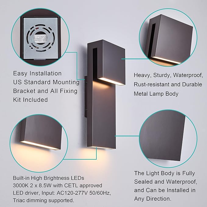 Modern Outdoor Indoor Integrated LED Wall Sconce, 2-Light Total 17W,Bronze Finish,1600 Lumens,3000 Kelvin,90 CRI, Dimmable,Input 120-277V,Weatherproof for Global Front Porch Decor Use.
