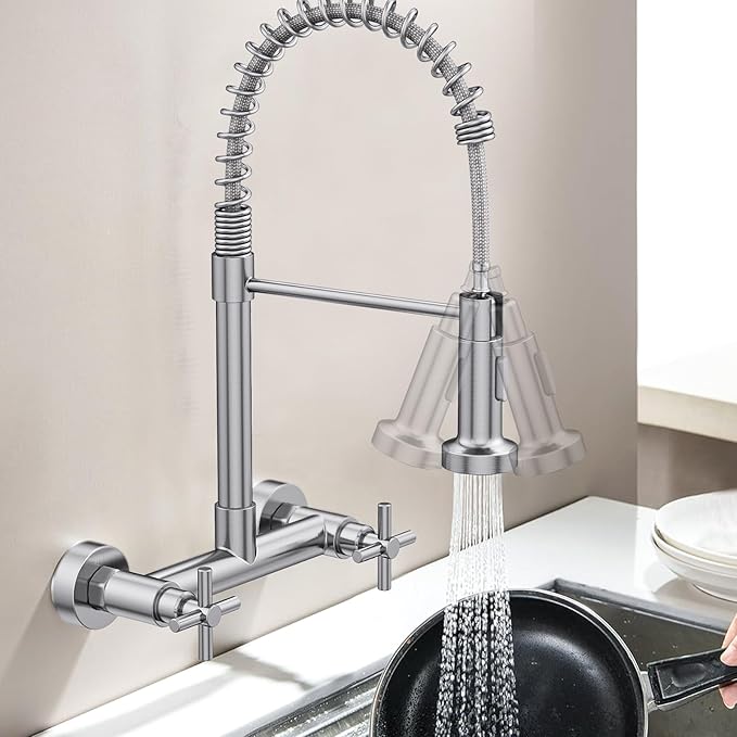 Wall Mount Kitchen Faucet, Hurran Brushed Nickel Kitchen Sink Faucet, 8 Inch 2 Handle Wall Mount Commercial Sink Faucet with Pull Down Sprayer for Kitchen Laundry Room Restaurant