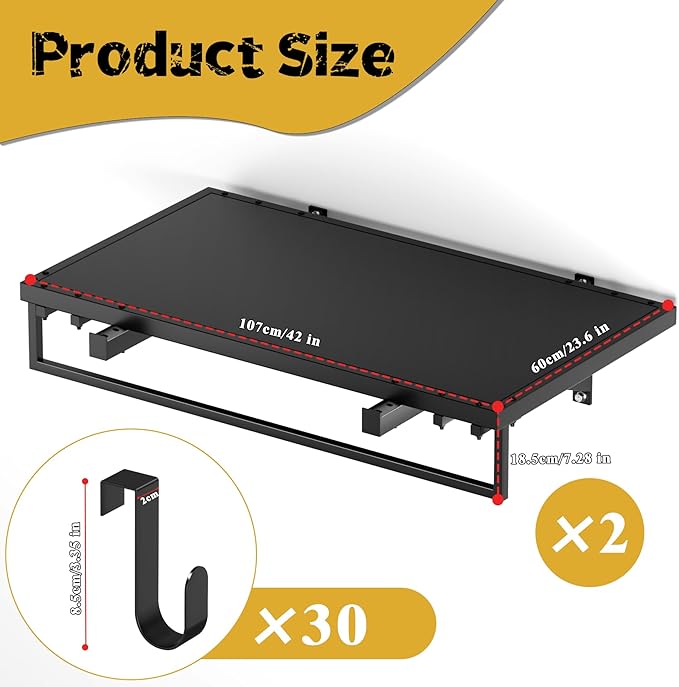 2pcs Garage Wall Shelving - 3.5*2FT Extra Large Heavy Duty Floating Shelves with 30 Hooks, Load Capacity 1102 Lbs, Hanging Garage Storage Rack, Tool Hanger Organizer Utility Rack, For Home, Workshop