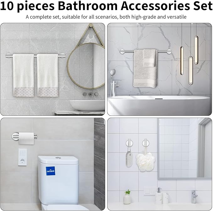 10-Pieces Bathroom Hardware Set, Includes 24 Inch Towel Racks for Bathroom Wall Mounted, Toilet Paper Holder, Towel Hooks for Bathrooms, Towel Rings for Bathroom Wall (Brushed Nickel)