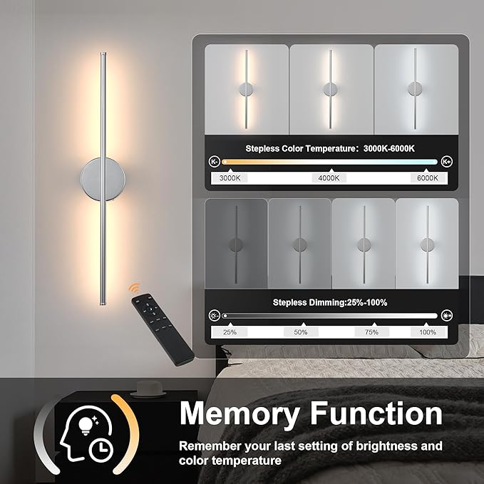 Removable Battery Operated Wall Sconces with Remote Control 350°Rotate LED Wireless Wall Lights with 3 Color Temperatures & Dimming for Bedroom, Hallway, 28.3 Inch (2 Pack)