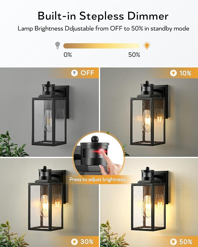 VIANIS Exterior Wall Lights for House, Motion Sensor Porch Light Outside, Black Outdoor Sconce Lighting Fixtures Wall Mount, Modern Outdoor Wall Lantern Lamps with Seeded Tempered Glass for Garage