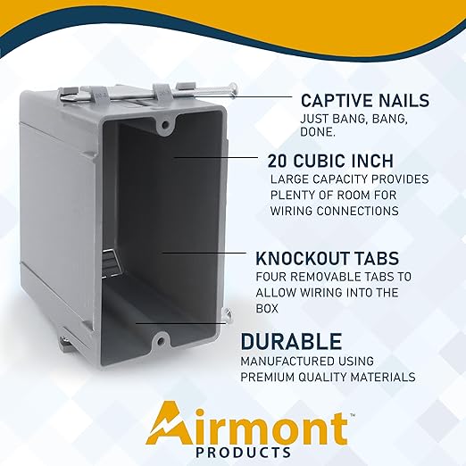 (Pack of 4) Plastic Electrical Box, Grey Outlet Box, Single Gang New Work Junction Box, Captive Nails, 20 cu. Inches, Length 3-5/8'', Width 2-1/8'', Depth 3-1/4''