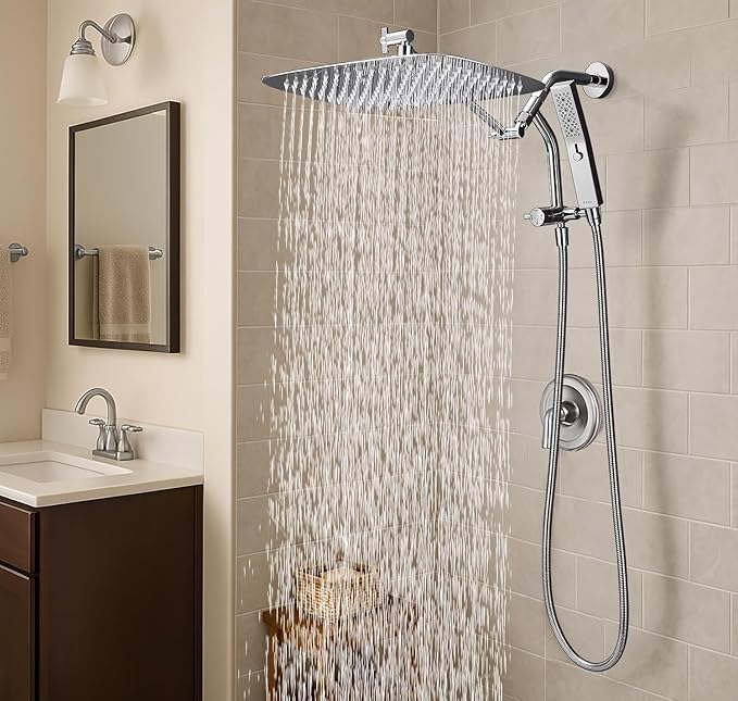 G-Promise All Metal 16 Inch Shower Head with Massage Mode Handheld, Rain Shower Head with Handheld Spray Combo, 3-Way Diverter with Pause Setting, 12 Inch Adjustable Extension Arm (Chrome)