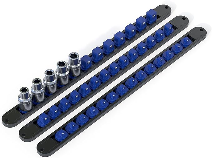FivePears 3PCS 360° Socket Organizer Twist Lock,3/8 1/4 1/2 Socket Storage Rails, Premium Quality Socket Holders for Tool Box ，Tool Carts，Contains up to 40 Clips (Blue, Red and Black)
