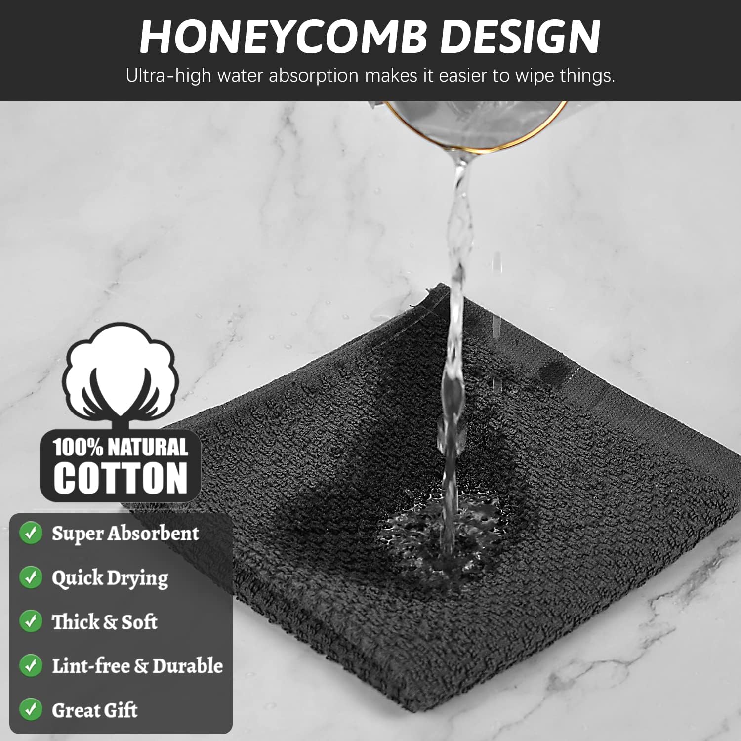 Nialnant 4PCS Cleaning Rags,100% Cotton Terry Dish Rags for Washing Dishes,Quick Drying Dish Cloths,Dish Towels for Kitchen,Black-12x12in