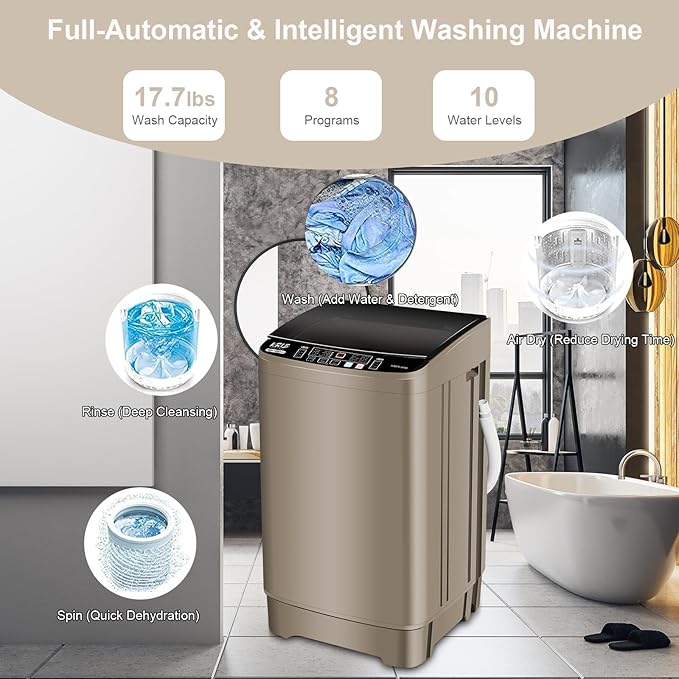 17.7 lbs Full Automatic Washing Machine with LED Display Compact Washing Machine with Drain Dump, 10 Wash Programs and 8 Water Levels Ideal for Dorms, Apartments, RV, Gold, KB03 GOLD6-3