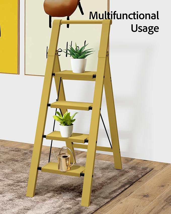 Taranta 4 Step Ladder, Lightweight Aluminum Step Stool with Convenient Handgrip, Folding Ladder with Anti-Slip Pedals, 330lbs Capacity Stepladder for Home, Office, Kitchen - Twilight Yellow