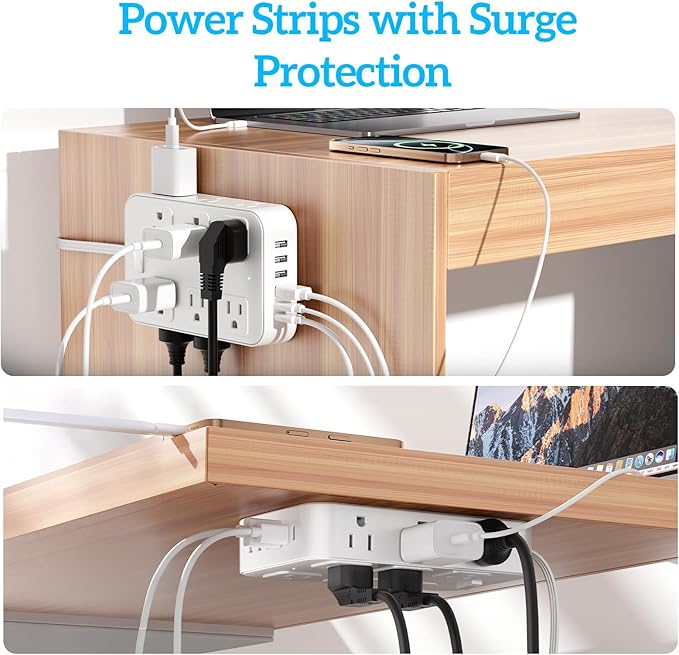 Flat Plug Power Strip Surge Protector with 12 AC Outlets 6 USB Ports 3 Side Multi Plug Outlet Extender 10 Ft Extension Cord for Home Office Kitchen Dorm Wall Desk Charging Station ETL Listed