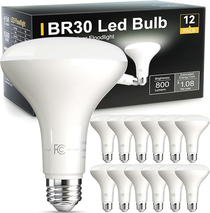 VOLIVO LED Flood Light Bulb 12 Pack, Recessed Ceiling Bulb, BR30, 65W Equivalent Efficient 9W, Dimmable, E26, Daylight White 5000K, 800 Lumens, 80CRI, Ceiling Light for Kitchen, Living Room