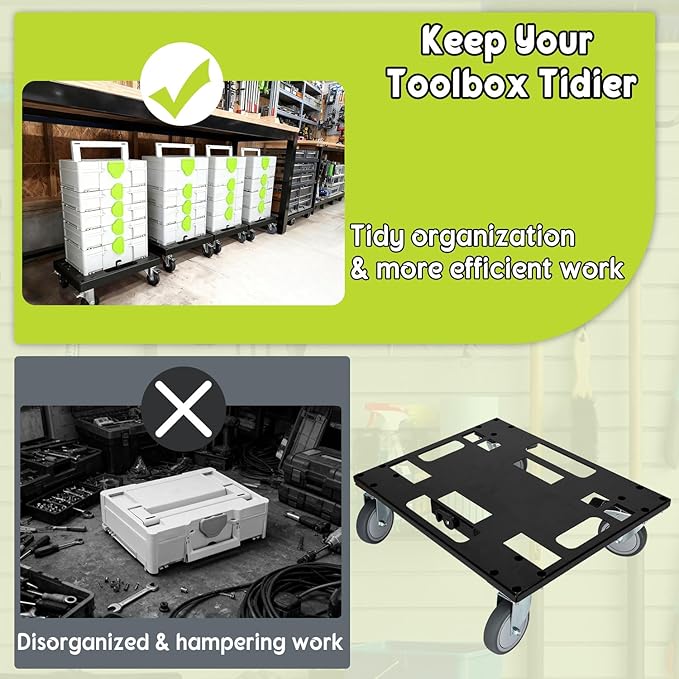 Metal Roll Board for Festool with 4 Rollers, Black Systainer Cart for Festool for Easy Transport of Systainer & T-Loc System, Rolling Board for Festool with Feedthroughs for Straps