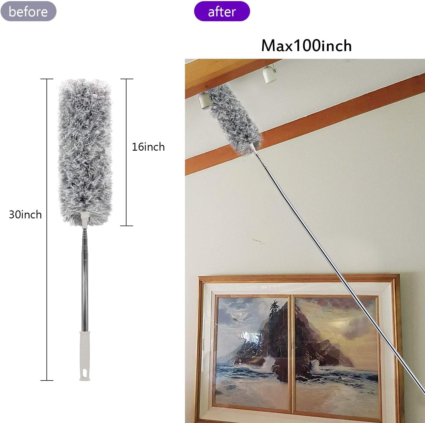 Microfiber Ceiling Fan Cleaner with 30–100" Telescopic Pole – Extendable Duster for High Ceilings and Fans, Bendable Washable Head, Reusable Cleaning Tool for Furniture, Cars, Keyboard