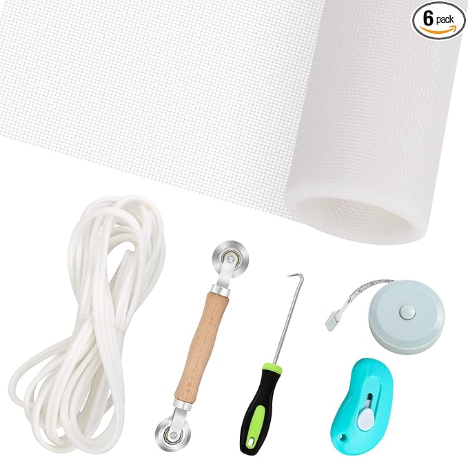 Windows Screen Replacement and Screen Door Repair Kit, 6Pcs Window Screen Fiberglass Mesh Kit - Window Screen & Screen Door Mesh & Screen Porch Repair Kit (White, 59" x 106")