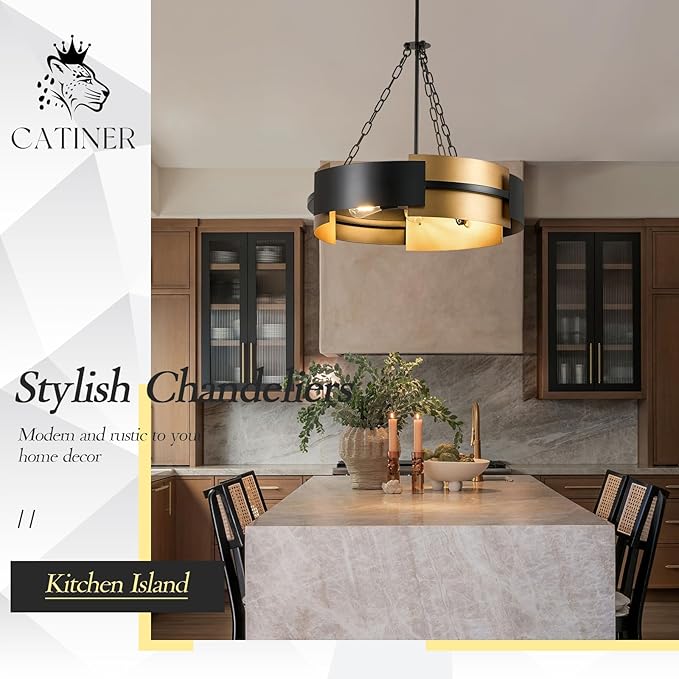 Modern Chandelier 24" Black Gold Industrial Drum Light Fixture 6-Light Metal Hanging Chandelier for Living Dining Room Foyer Entryway Kitchen