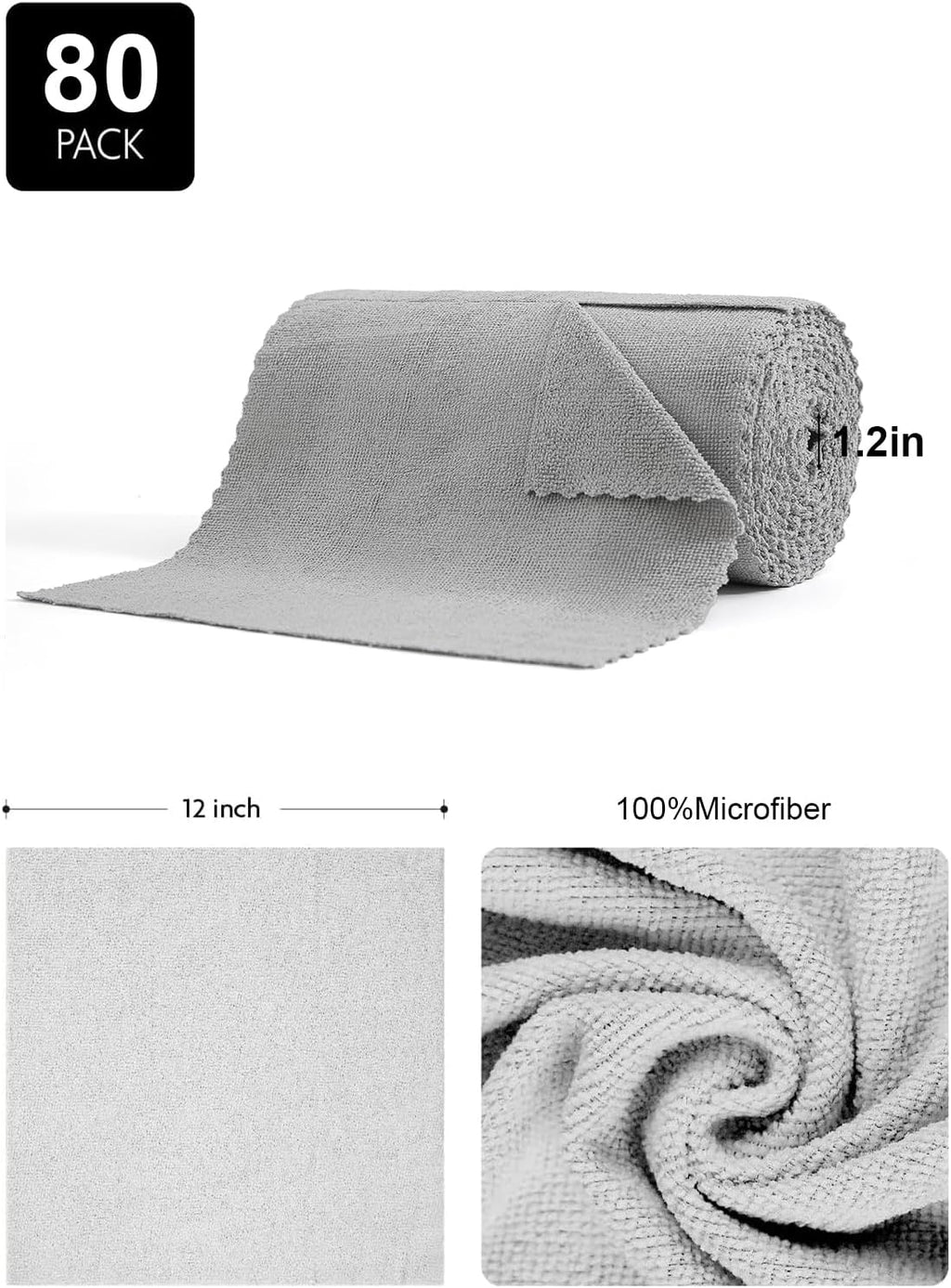 80 Pack Microfiber Cleaning Cloth Roll,Lint Free Rags & Tear Away Reusable Towels Washable Scratch,Ultra Absorbent Dish Rags(12" x 12") for Car Kitchen Home Garage-Light Gray