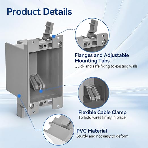 Old Work Box 1 Gang, 14 CU. in. Drywall Electrical Box, PVC, UL Listed, 6 Pack