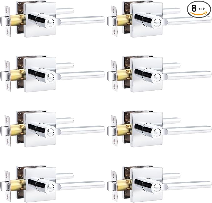 Probrico Polished Chrome Privacy Door Handle Lockset Heavy Duty Square Interior Door Lever for Bedroom or Bathroom Reversible Keyless Handleset Door Knob Slim Handed Levers, 8 Pack