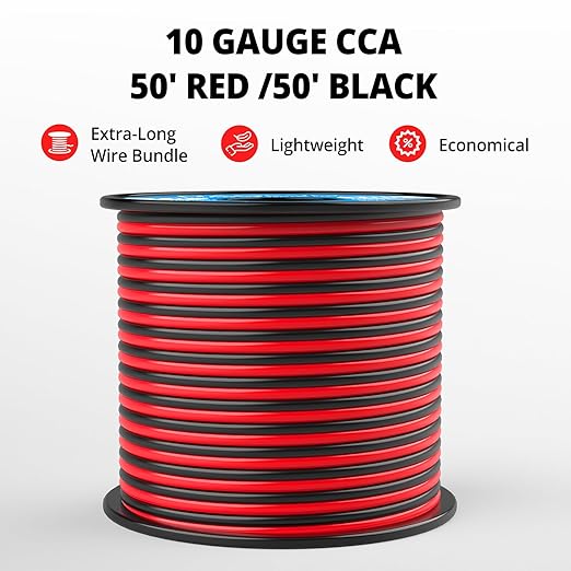 NAOEVO 10 Gauge Wire 50FT, 2 Conductors Electrical Wire Red Black Cable, Flexible/Low Voltage/PVC 10 AWG Copper Clad Aluminum Extension Cord for Speaker, LED Strips, Automotive 12V/24V DC