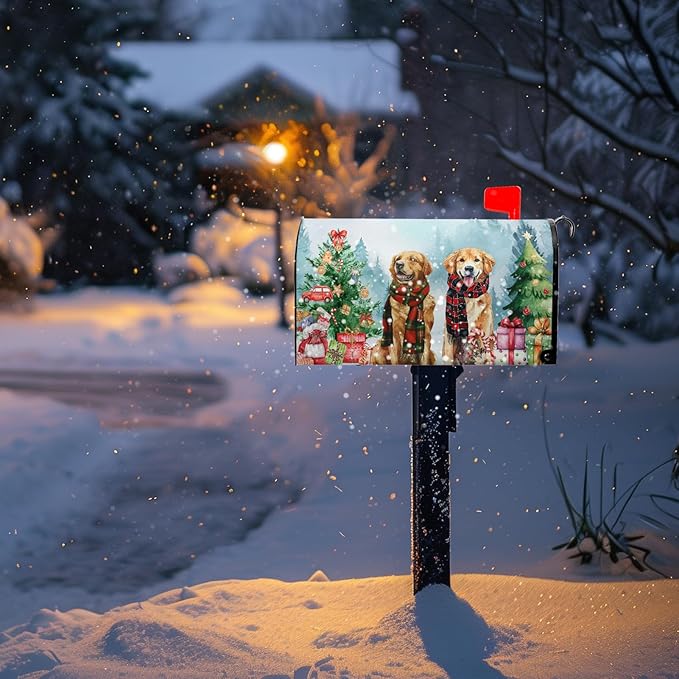 Xmas Dog Magnetic Mailbox Covers Christmas Tree Mail Box Cover Standard Size Winter Retriever Dogs Post Letter Box Wraps 21x18 Inch for Garden Outdoor Decor