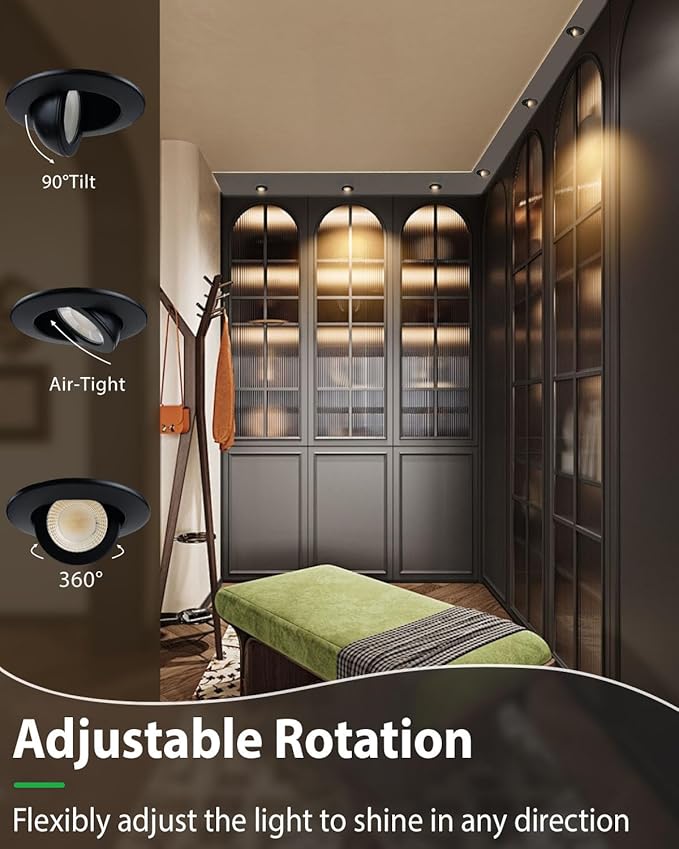 zouzai 2 Inch 5CCT Gimbal Black Led Recessed Lighting with Junction Box, 360°+90° Adjustable Led Recessed Lights, 2700K/3000K/3500K/4000K/5000K, 5W Eqv 50W, 550LM Brightness - ETL (Black, 6 Pack)