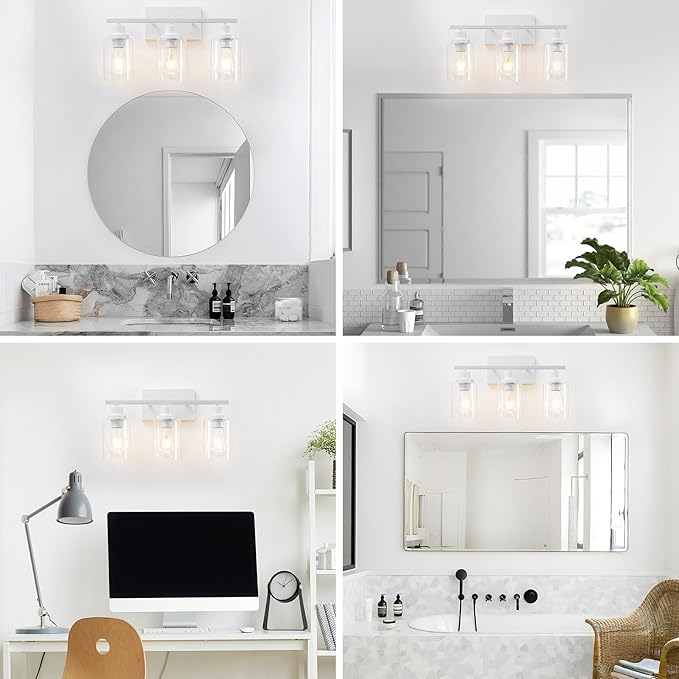 3 Light White Bathroom Light Fixtures Vanity Light Over Mirror Modern Wall Lighting Sconces Rustic Industrial Wall Lamp for Bathroom, Bedroom, Living Room E26 Socket with Glass Shade